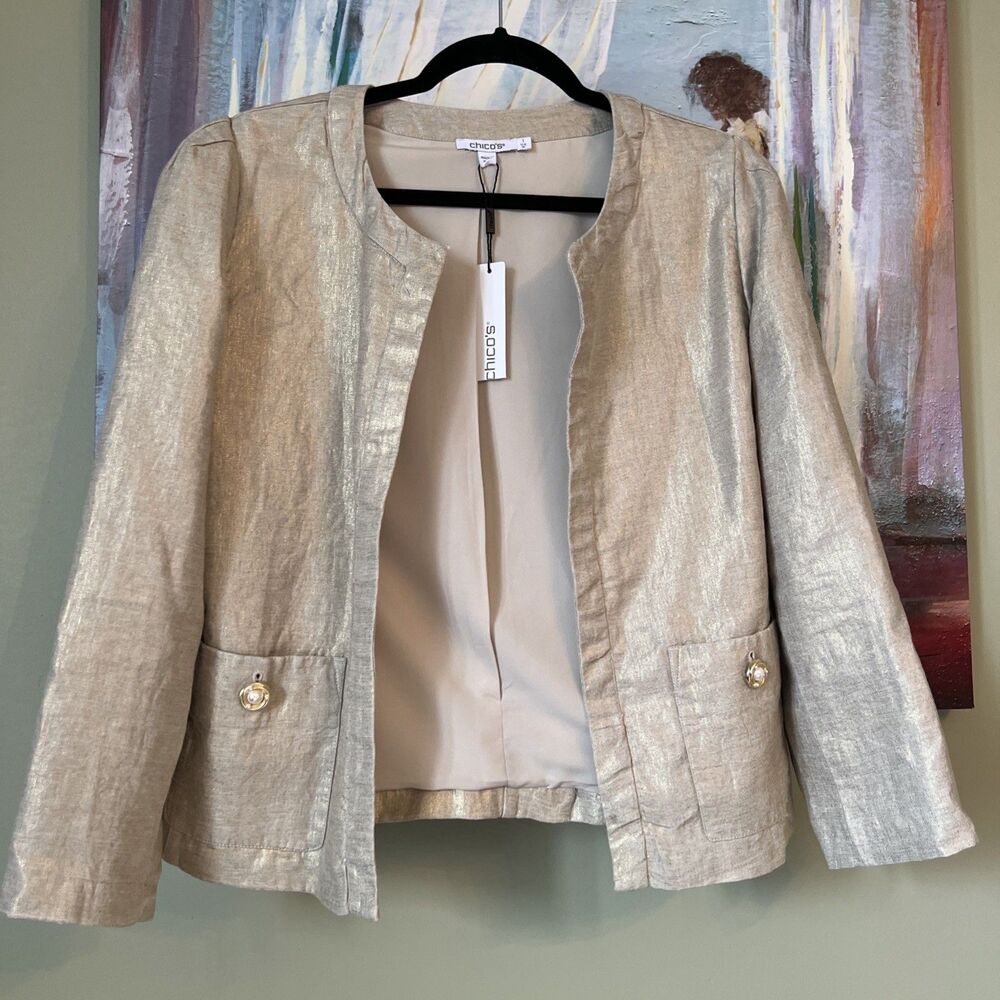 Chico's 1/M Women Novelty 100% Linen Jacket Gold Metallic Oatmeal Open Front NWT